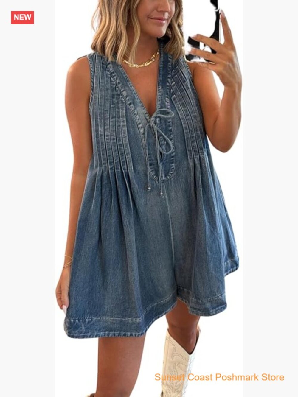 Sleeveless V Neck Tie Front Denim Romper Shorts Loose Fit with Pockets